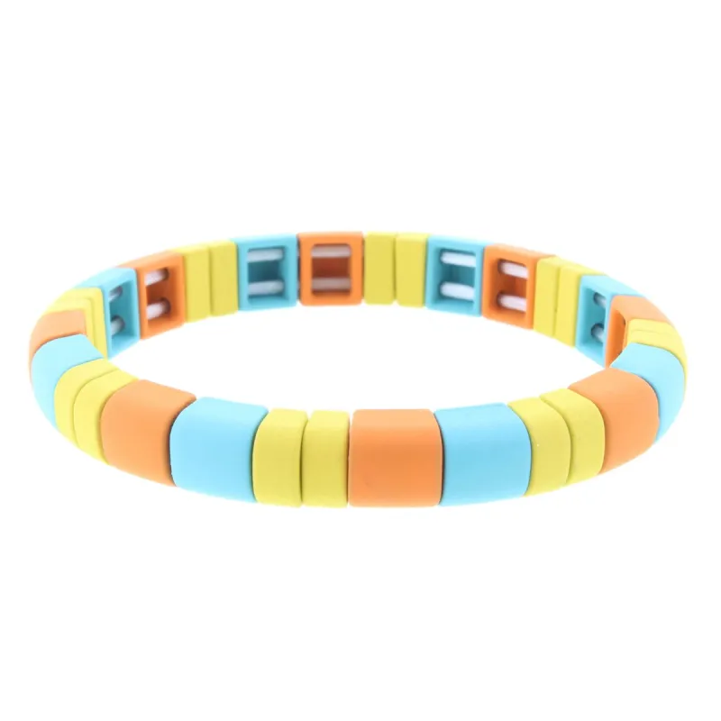Yellow, Orange, Light Blue Rounded Rectangle Metal Shape Stretch Bracelet sold by Charming Charlie