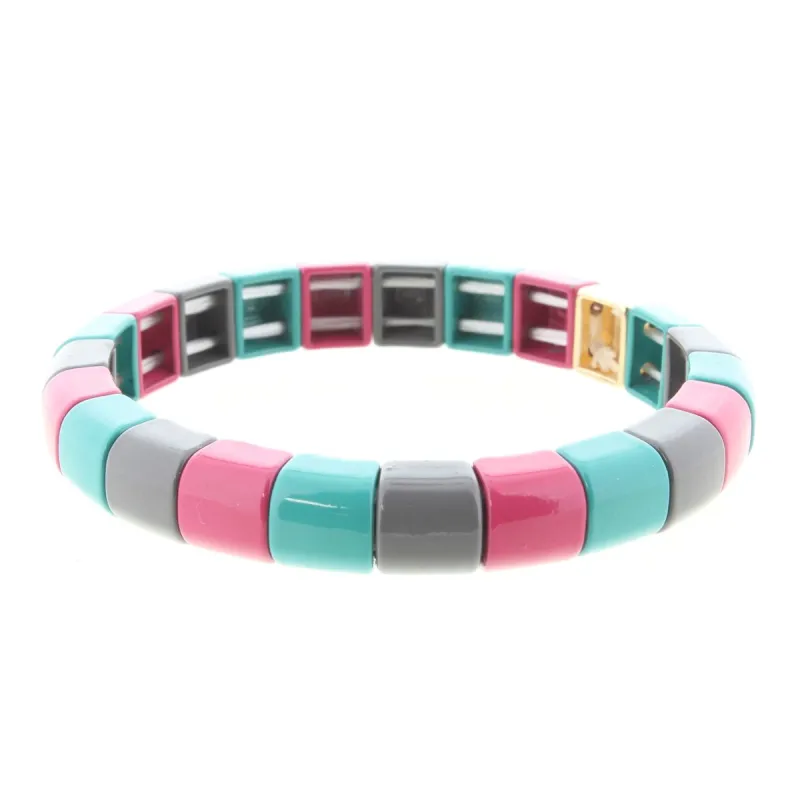 Teal, Dark Pink, Grey Rounded Square Metal Shape Stretch Bracelet sold by Charming Charlie