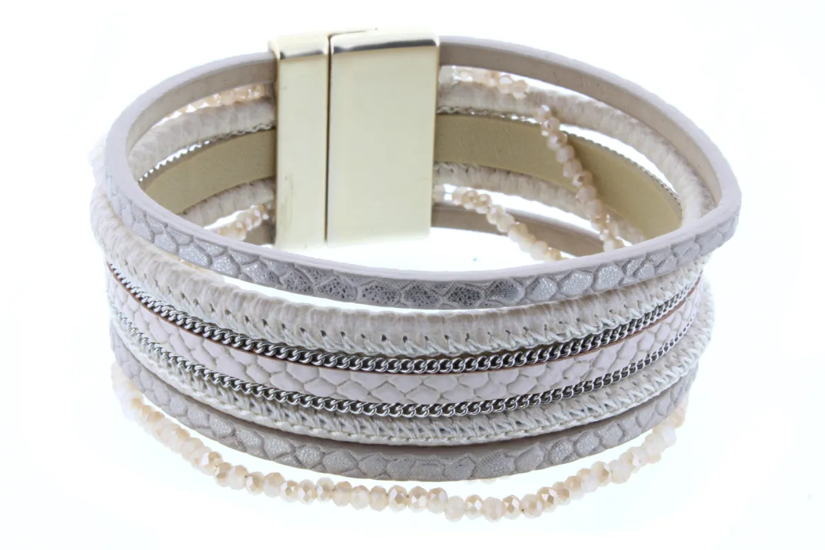 Cream/Champagne Bead and Leather Multi Strand Bracelet sold by Charming Charlie