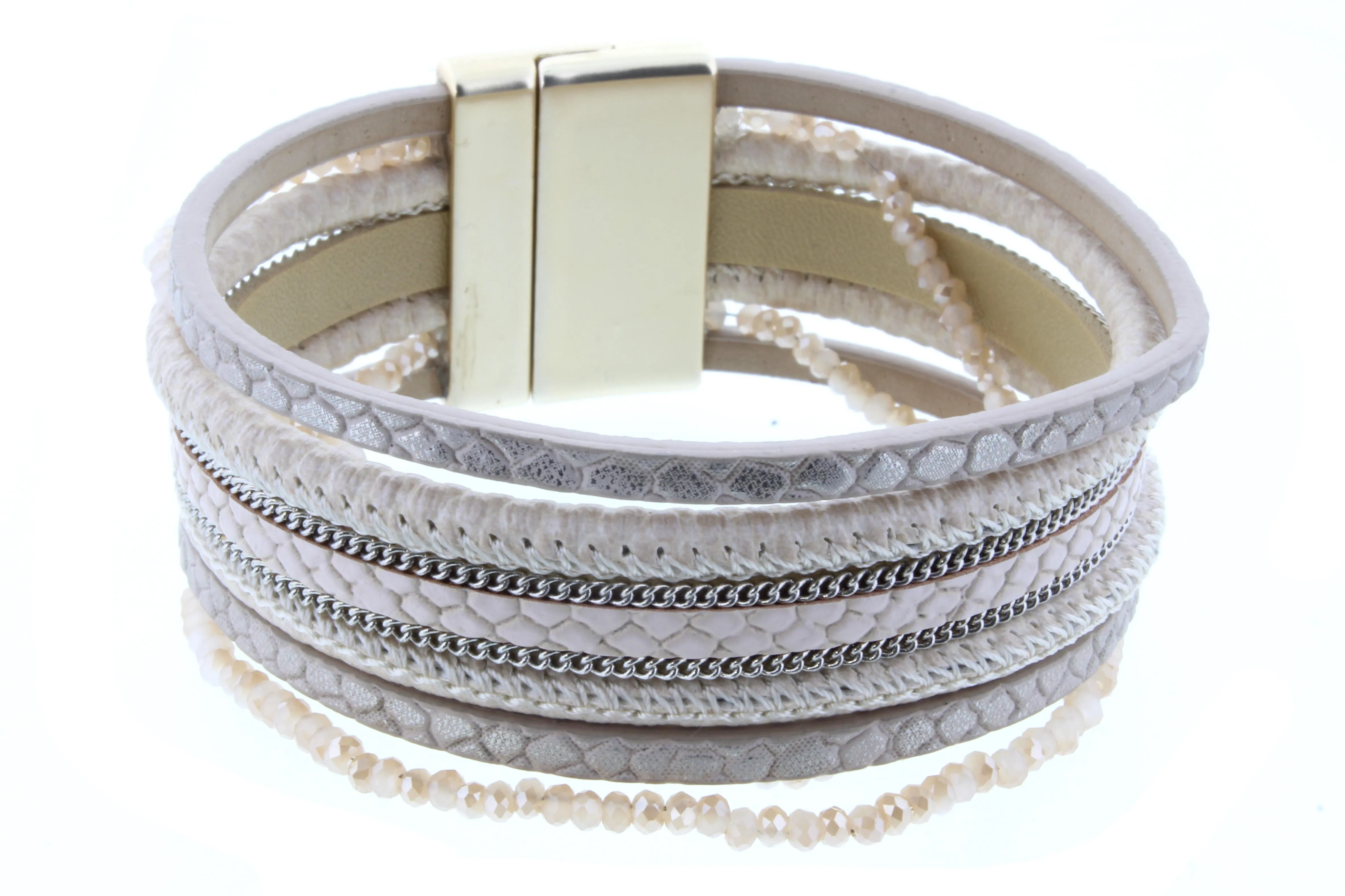 Cream/Champagne Bead and Leather Multi Strand Bracelet sold by Charming Charlie