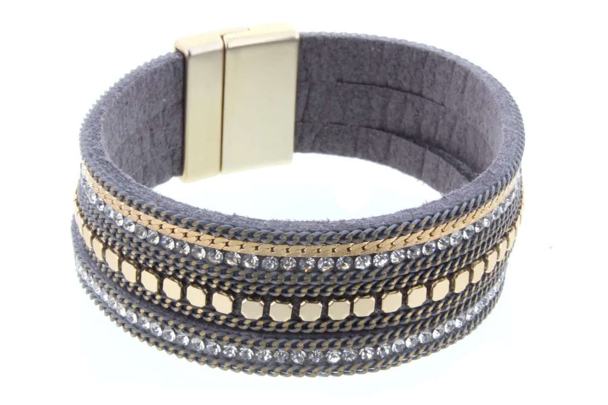 Grey Leather, Gold, and Rhinestone Multi Strand Bracelet sold by Charming Charlie