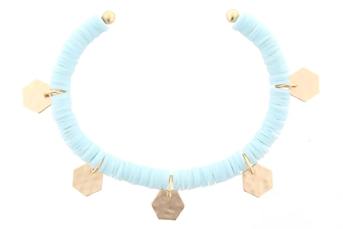Soft Mint Discs Gold Cuff Bracelet with Gold Hexagon Accents sold by Charming Charlie