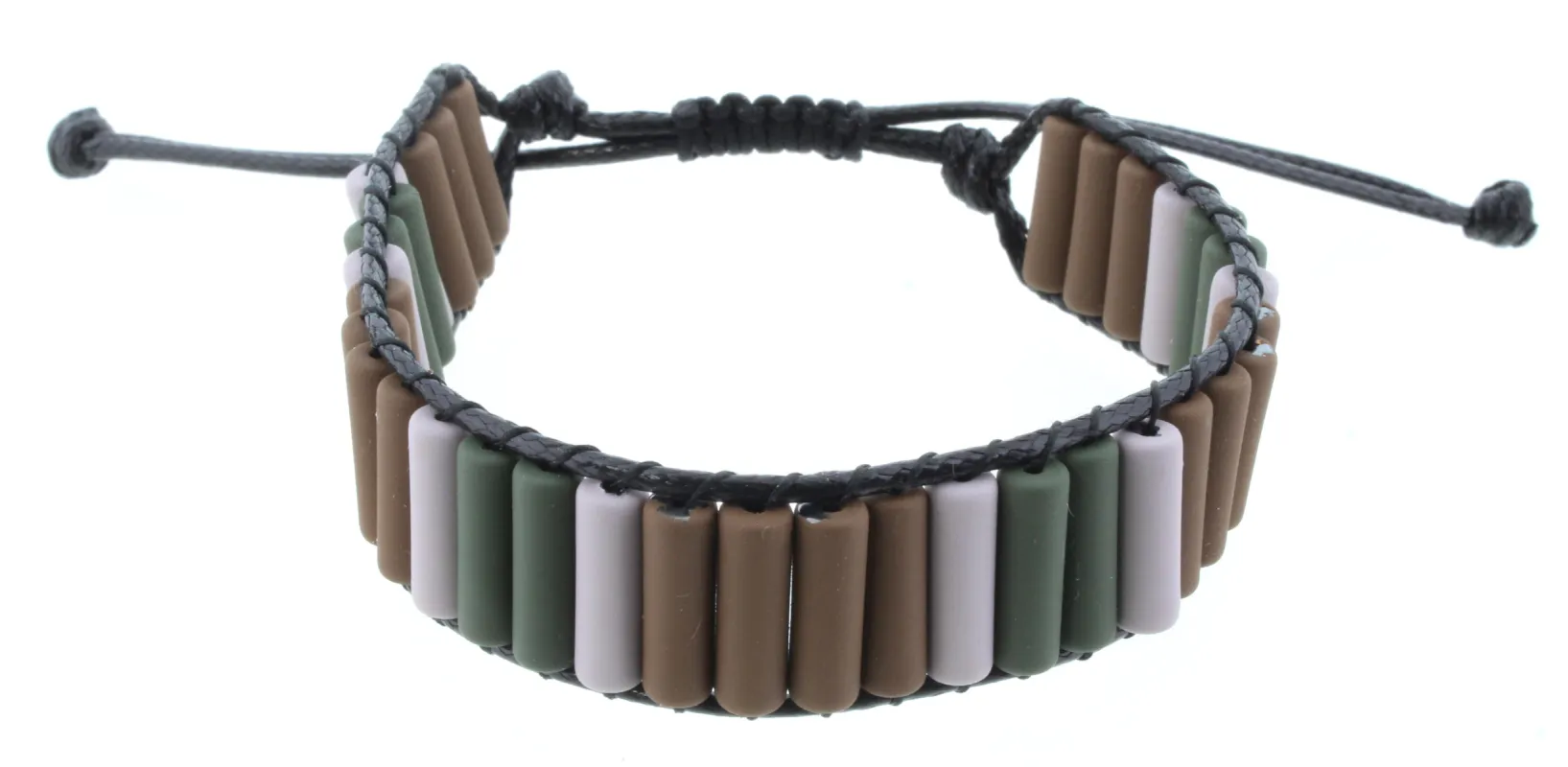Cylindrical Shaped Brown, Grey, and Hunter Green Metal Beaded Adjustable Bracelet sold by Charming Charlie
