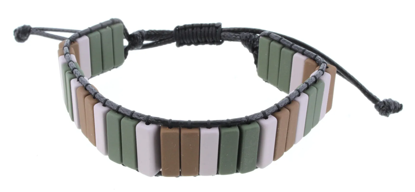 Rectangular Shaped Hunter Green, Grey, and Brown Metal Beaded Adjustable Bracelet sold by Charming Charlie