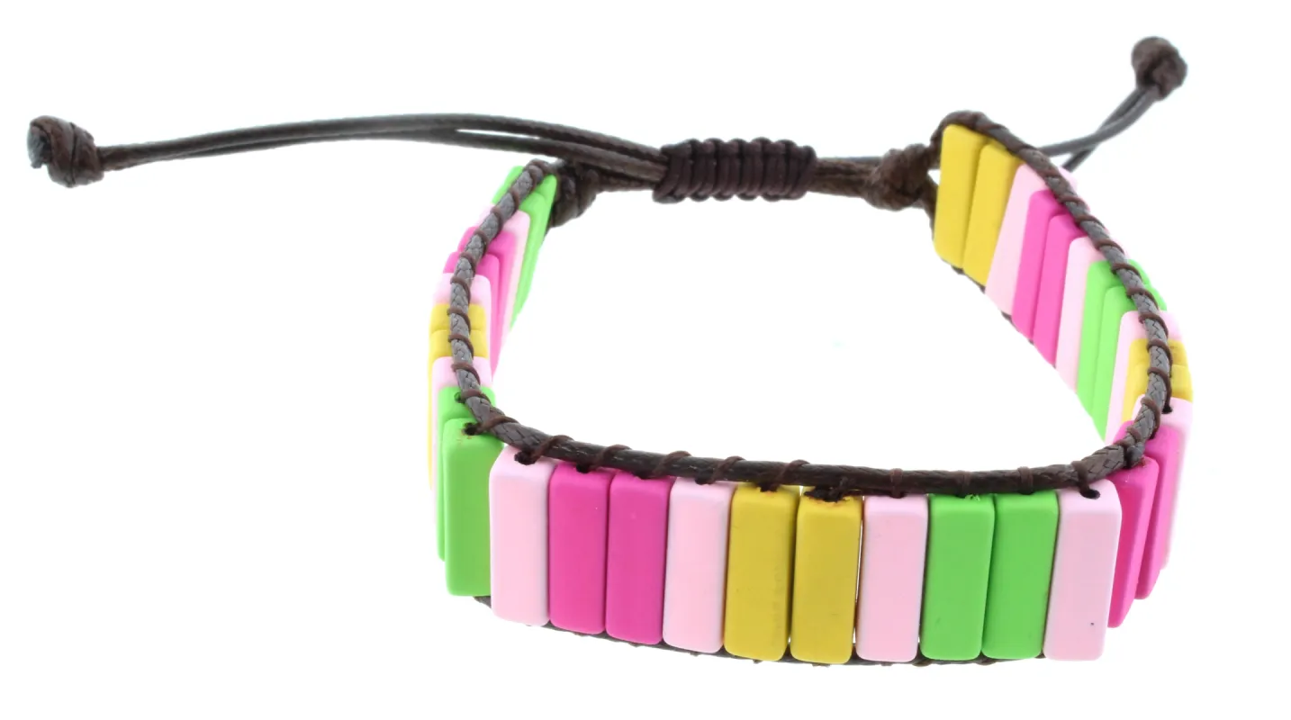 Rectangular Shaped Lime Green, Light Pink, Yellow, and Hot Pink Metal Beaded Adjustable Bracelet sold by Charming Charlie