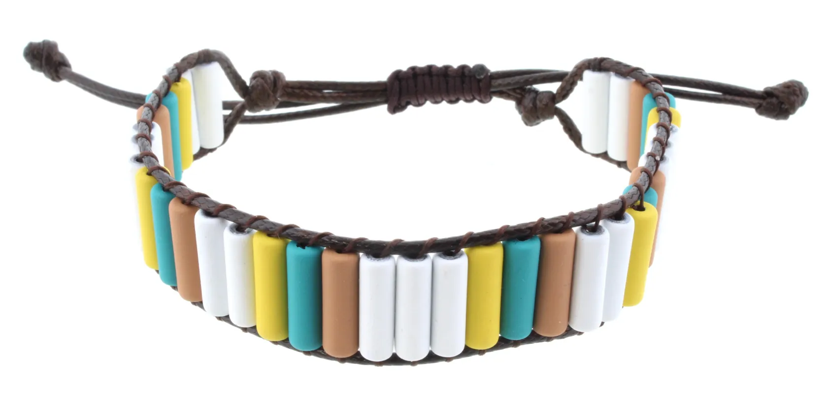 Cylindrical Shaped White, Yellow, Teal, and Tan Metal Beaded Adjustable Bracelet sold by Charming Charlie