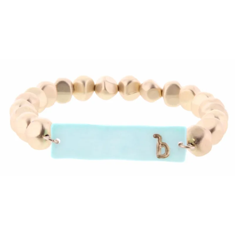 Gold Beaded Stretch, Mint Ceramic Rectangle with "B" Initial Bracelet sold by Charming Charlie