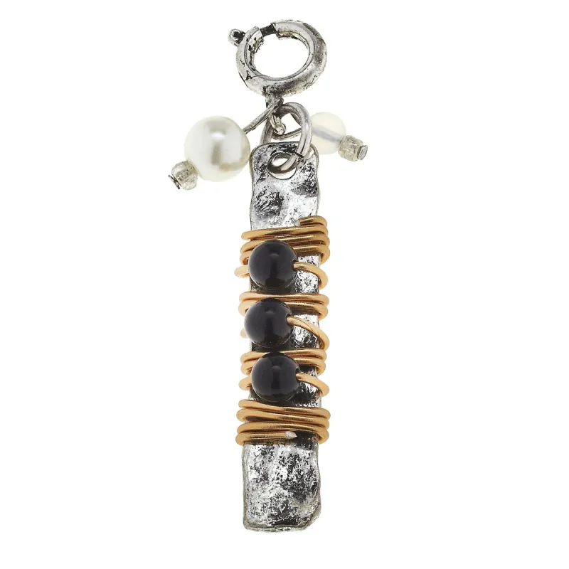 Wire Wrapped Black Glass Beaded Antique Silver Bar Charm sold by Charming Charlie
