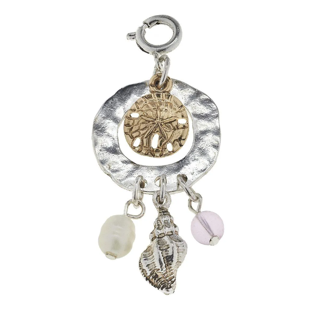 Antique Silver and Gold Sandollar Cluster Ring with Liht Pink Glass Charm sold by Charming Charlie