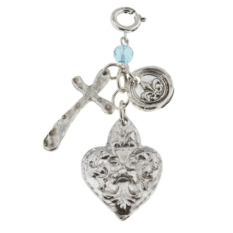 Antique Silver Fleur De Lis, Cross and Aqua Glass Bead Charm sold by Charming Charlie