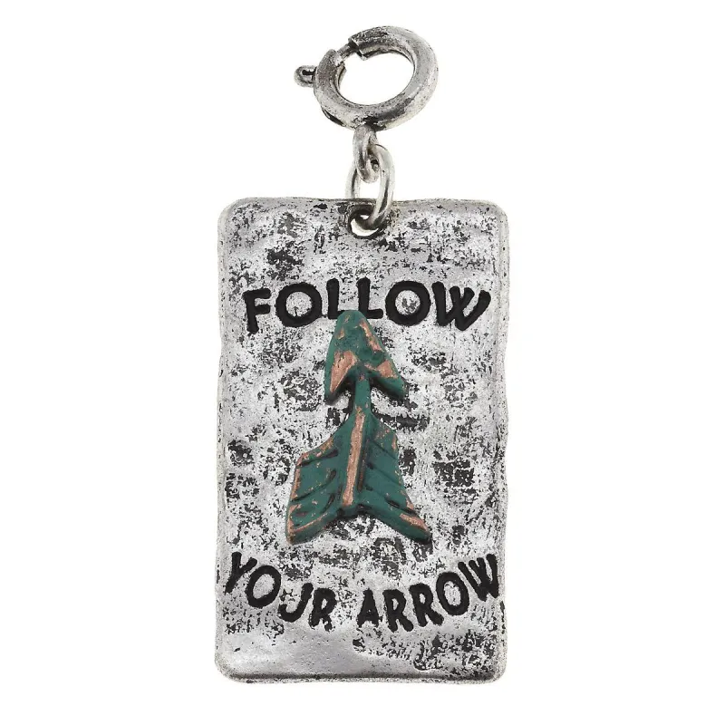 Antique Silver "Follow Your Arrow" Phrase Plate with Patina Arrow Charm sold by Charming Charlie