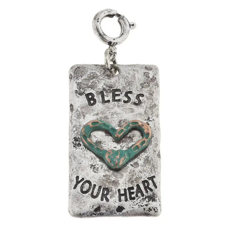 Antique Silver "Bless Your Heart" Phrase Plate with Patina Arrow Charm sold by Charming Charlie
