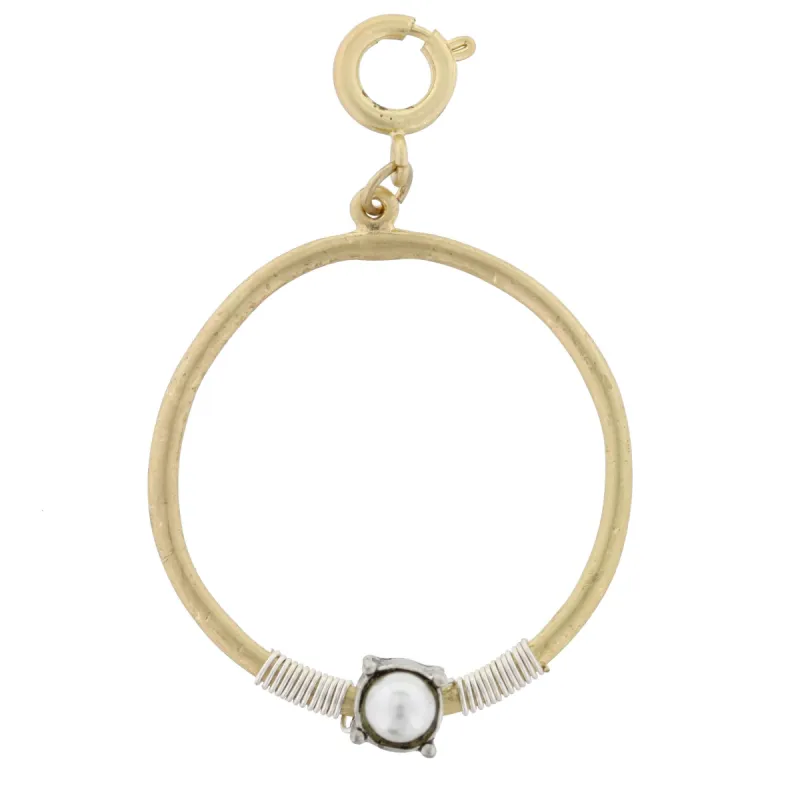 Gold Circle with Silver Wire Wrapped and Encrusted Ivory Pearl Rhinestone Charm made by Charming Charlie
