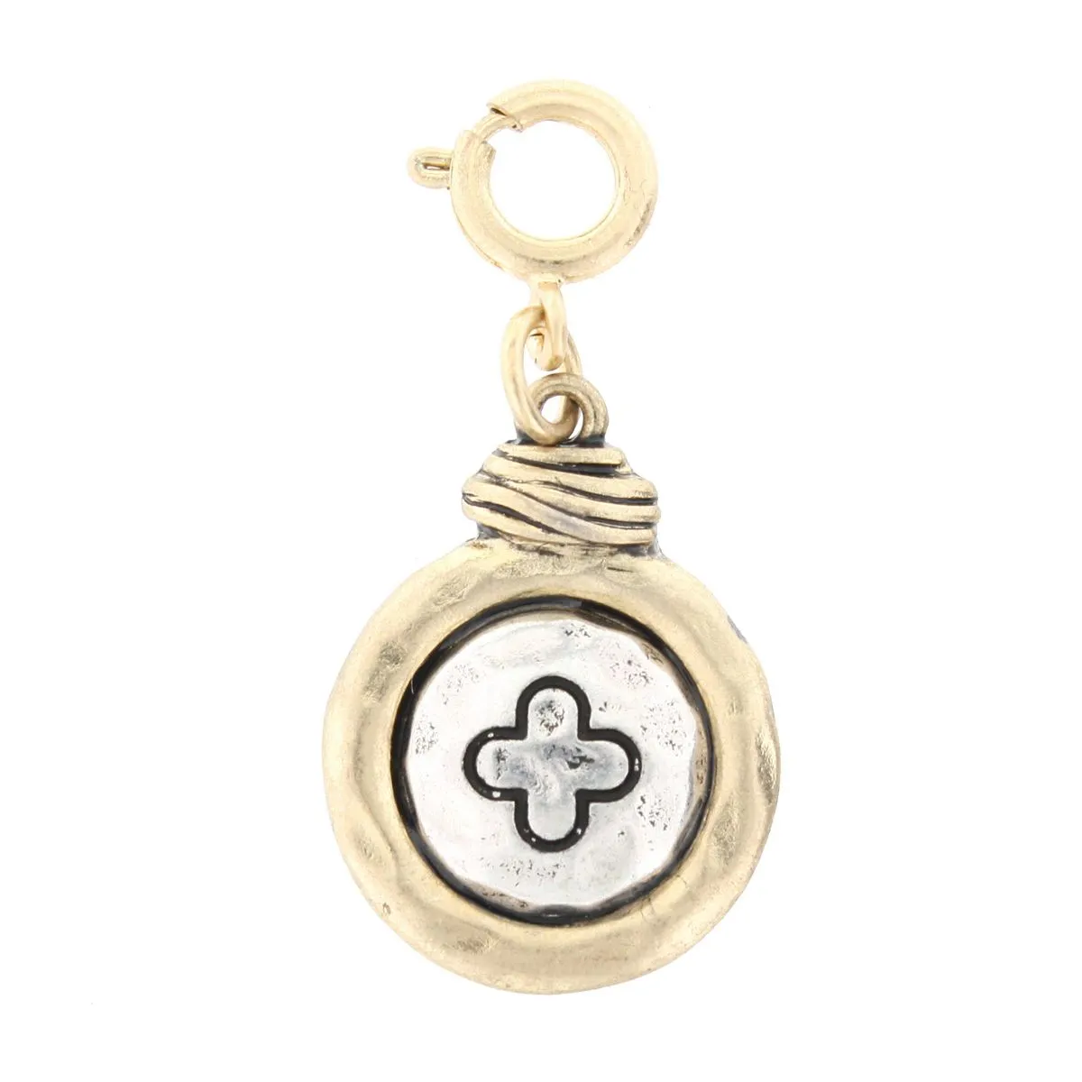 2-Tone Silver Quatrefoil On Gold Disk Charm sold by Charming Charlie