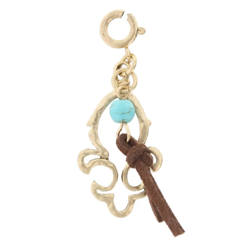 Gold Fleur De Lis with Turquoise Bead And Leather Tassel Charm sold by Charming Charlie