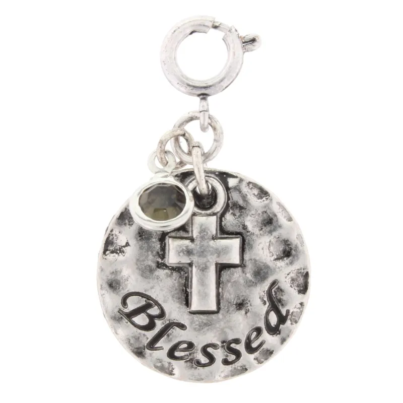 Silver "Blessed" Stamped Charm with Black Diamond Dangle sold by Charming Charlie