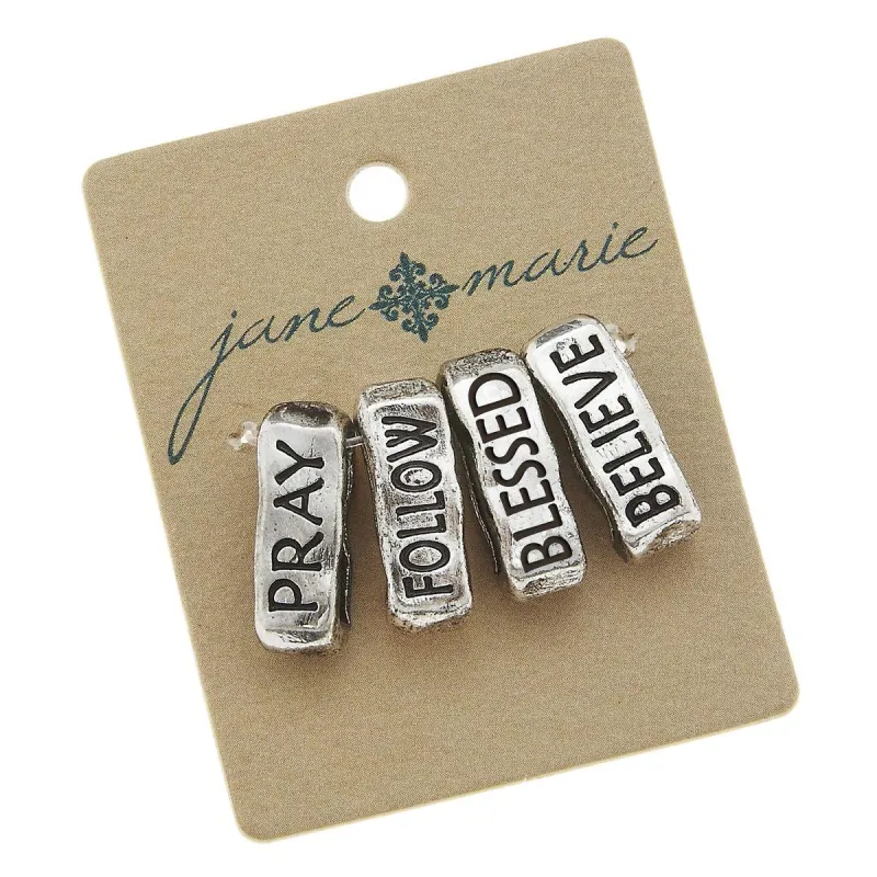 Antique Silver Slides (Set of 4) : Pray; Follow; Blessed; Believe sold by Charming Charlie