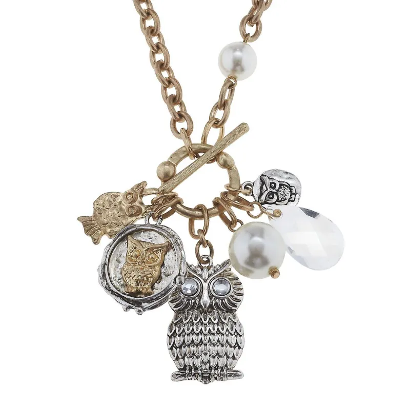 Antique Gold/Silver Owl Cluster Necklace sold by Charming Charlie