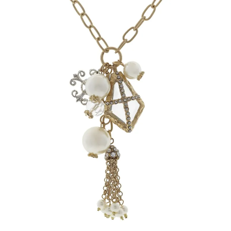 Pearl Station, Chandelier, and Charm Tassel Necklace- Square Cross sold by Charming Charlie
