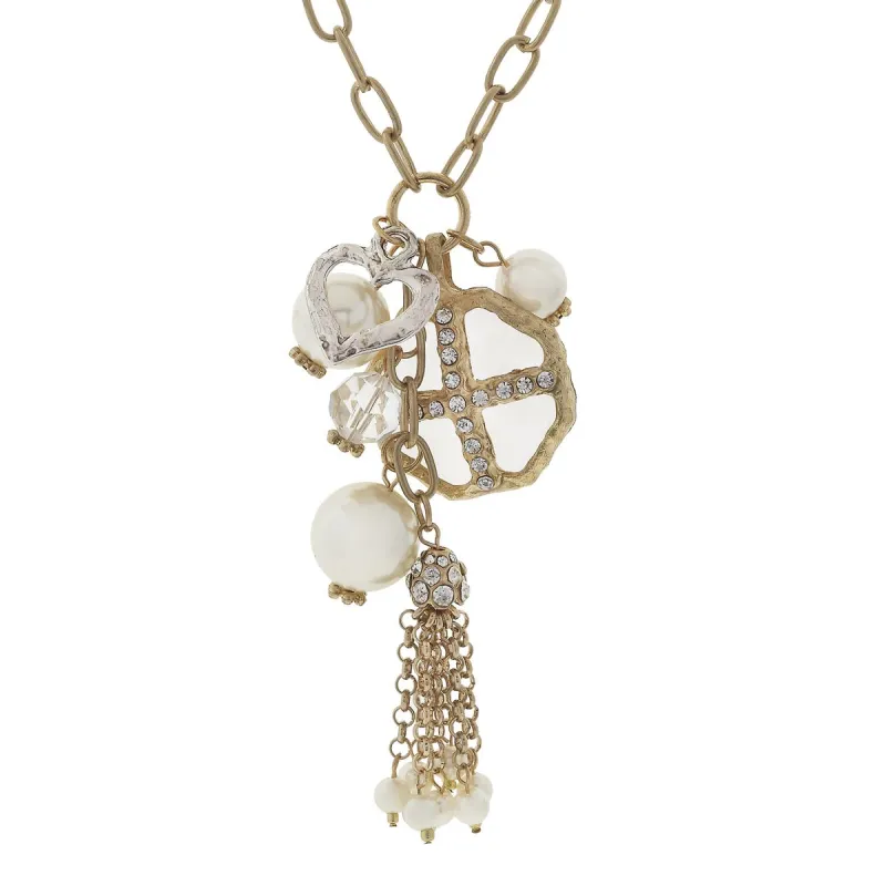 Pearl Station, Chandelier, and Charm Tassel Necklace- Heart sold by Charming Charlie