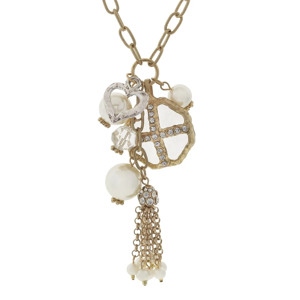Pearl Station, Chandelier, and Charm Tassel Necklace- Heart sold by Charming Charlie