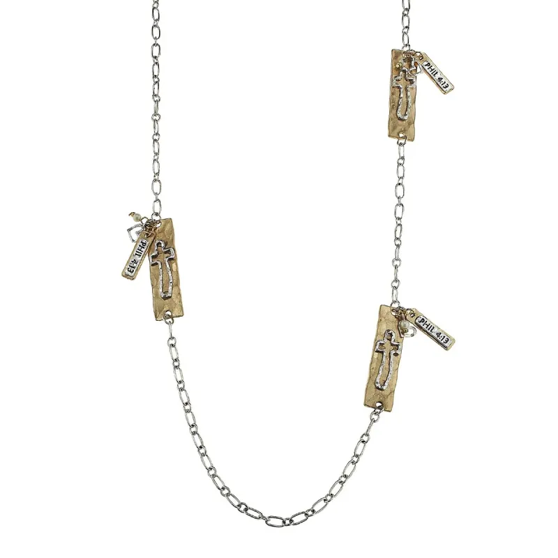 Silver 2-Tone Open Cross Station and "Phil 4:13" Scripture Charm Necklace sold by Charming Charlie