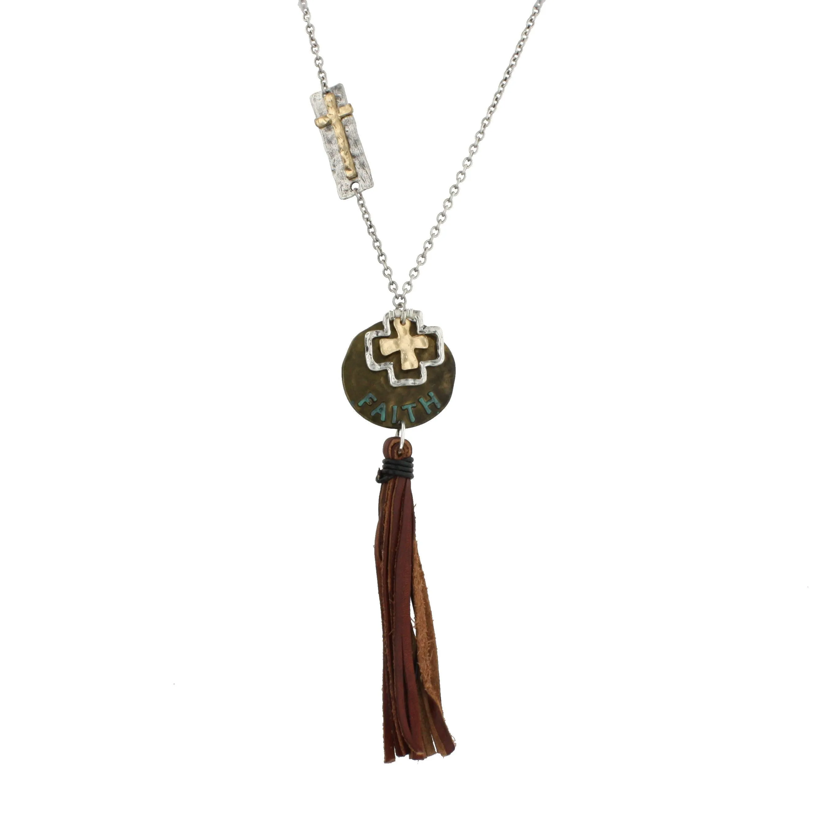 30" Silver Chain Necklace with Cross Plate Accent and "Faith" Gold Medallion with Leather Tassel, 3" Ext. sold by Charming Charlie