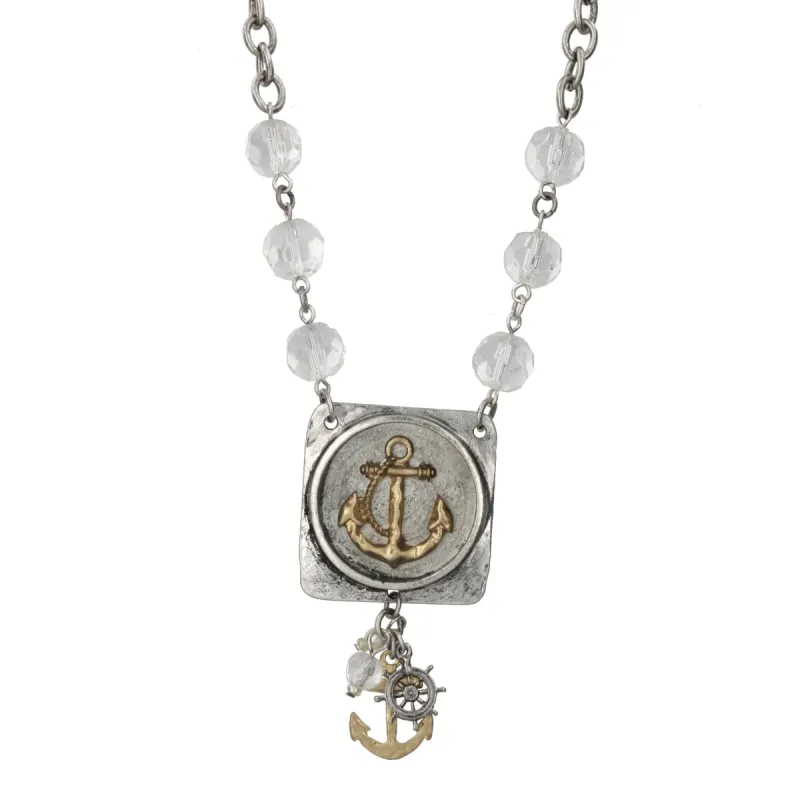 18" Silver Chain Necklace with Crystal Accents with Square Anchor Icon Piece and Charm Cluster, 3" Ext. sold by Charming Charlie