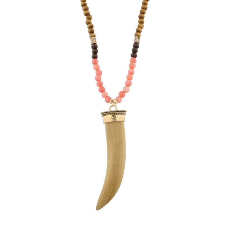 30" Wood and Pink Beaded Necklace with Wooden Horn, 3" Ext. sold by Charming Charlie