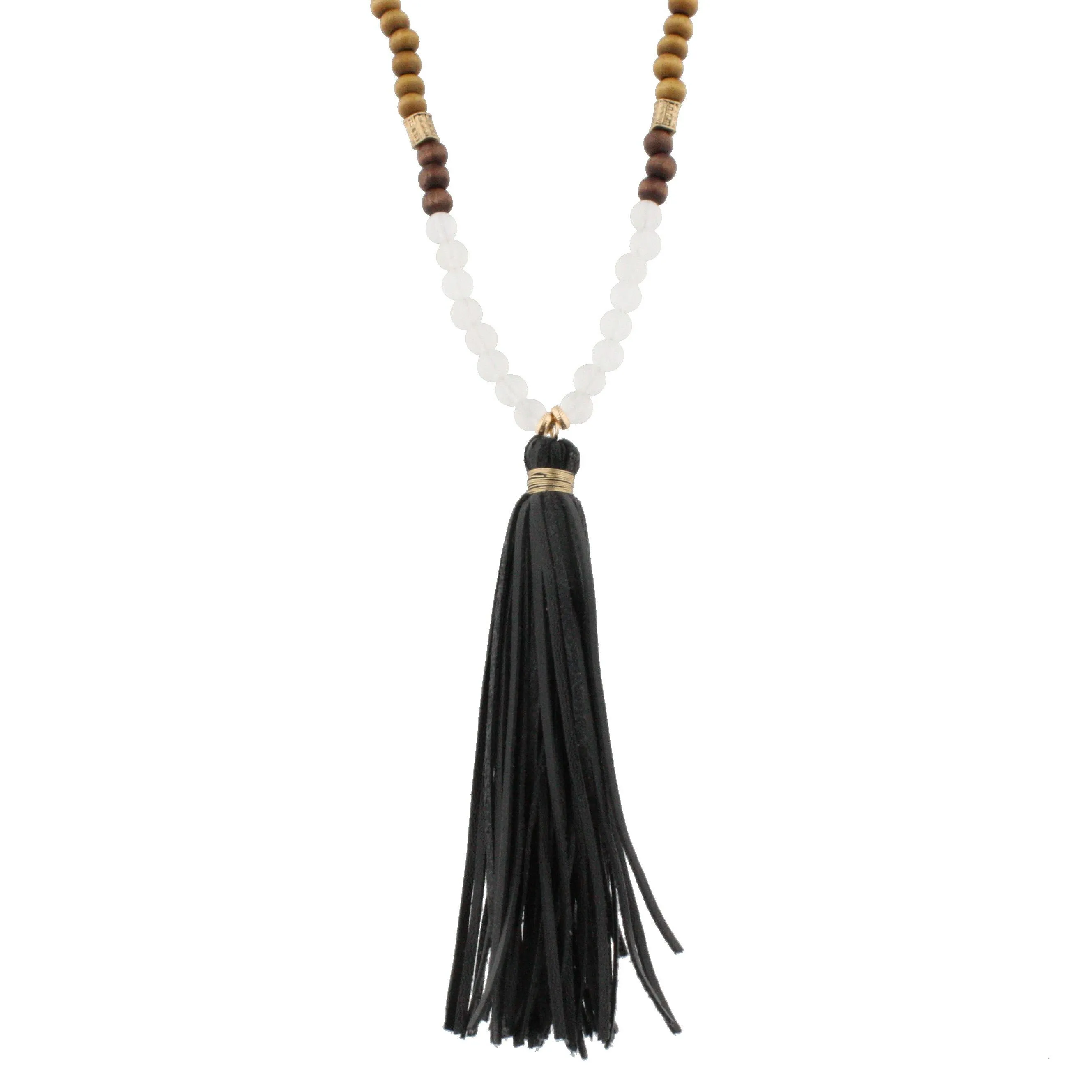 30" Wood and White Opaque Beaded Necklace with Black Tassel, 3" Ext. sold by Charming Charlie