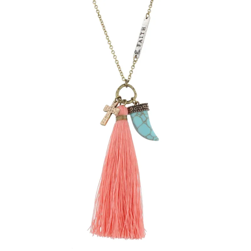 32" Gold Chain Necklace "Faith" Plate in Chain with Peach Tassel,Turquoise Horn and Cross of Life CharmsV sold by Charming Charlie