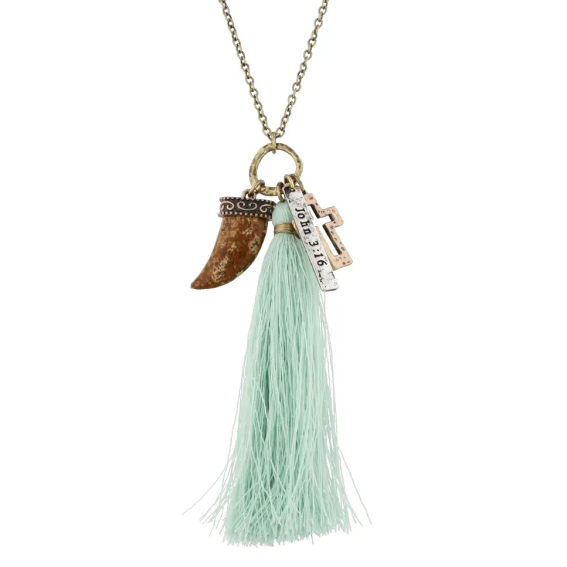 32" Gold Chain Necklace with Mint Tassel, Picture Jasper Horn, Cross and "John 3:16" Charms, 3" Ext. sold by Charming Charlie