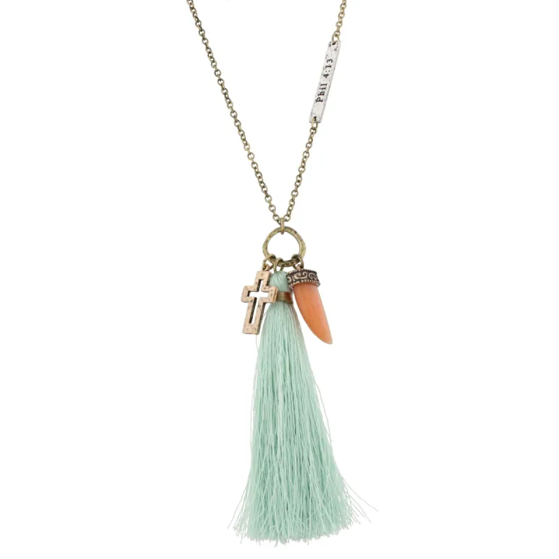 32"Gold Chain Necklace "Phil 4:13" Plate in Chain with Mint Tassel, Peach Horn and Cross Charms, 3" Ext. sold by Charming Charlie