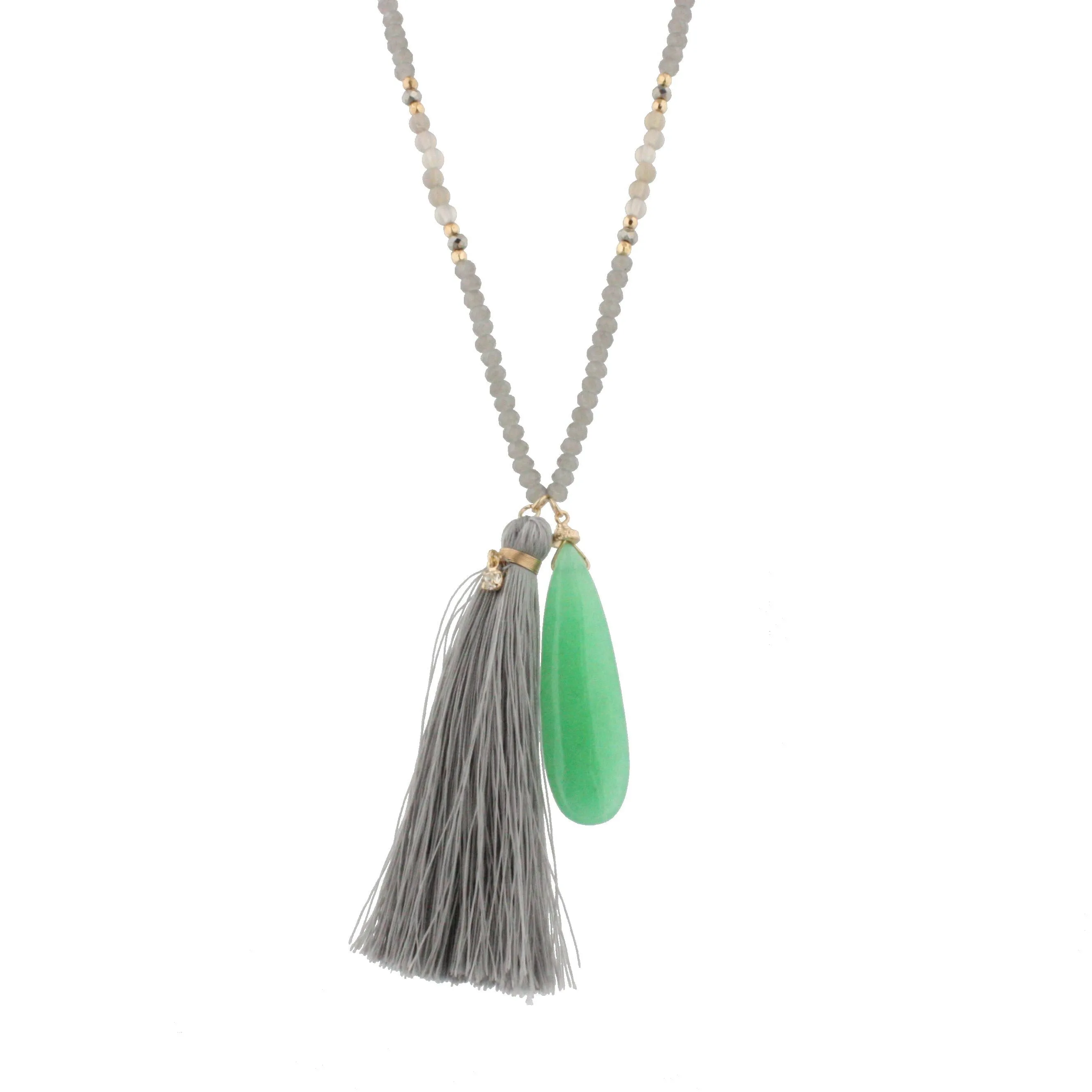 44" Gold Chain Half Grey Beaded Necklace with Grey Tassel and Opaque Green Stone Pendant sold by Charming Charlie