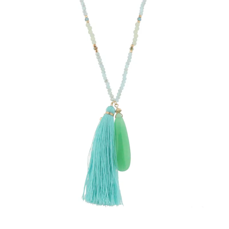 44" Gold Chain Half Opaque Blue Beaded Necklace with Turquoise Tassel and Opaque Green Stone Pendant sold by Charming Charlie