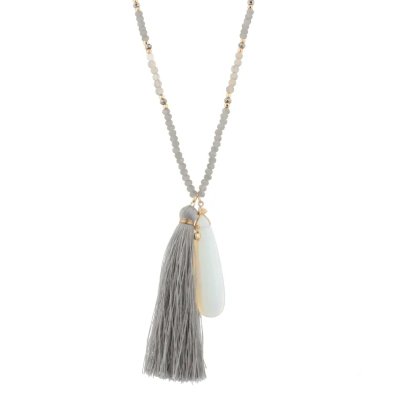 44" Gold Chain Half Grey Beaded Necklace with Grey Tassel and Opal Stone Pendant sold by Charming Charlie