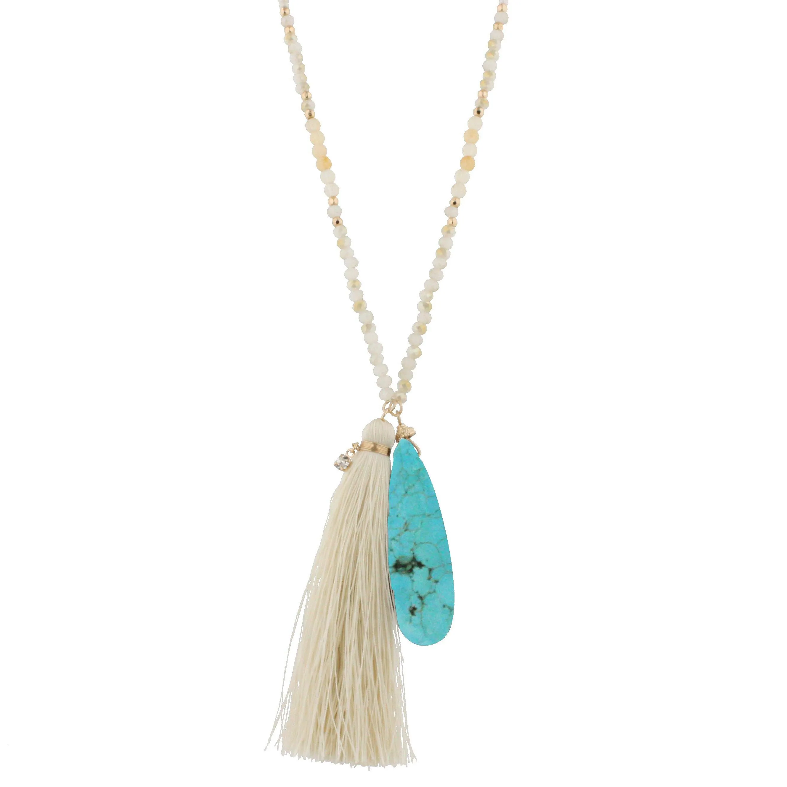 44" Gold Chain Half Opaque Neutral Beaded Necklace with CreamTassel and Turquoise Pendant sold by Charming Charlie