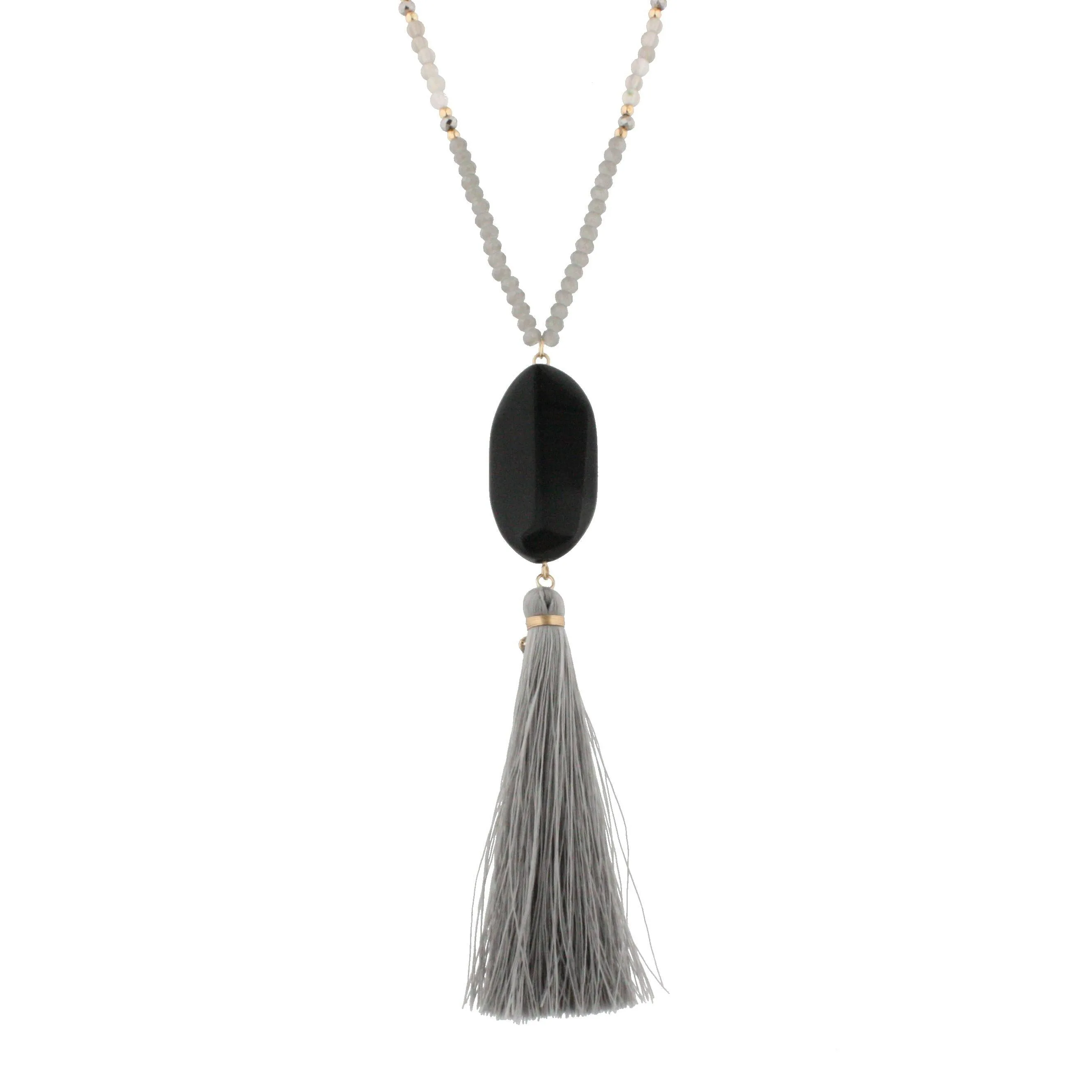 44" Half Chain Half Grey Beaded Necklace - Black Oval Stone Pendant with Grey Tassel Drop Down sold by Charming Charlie