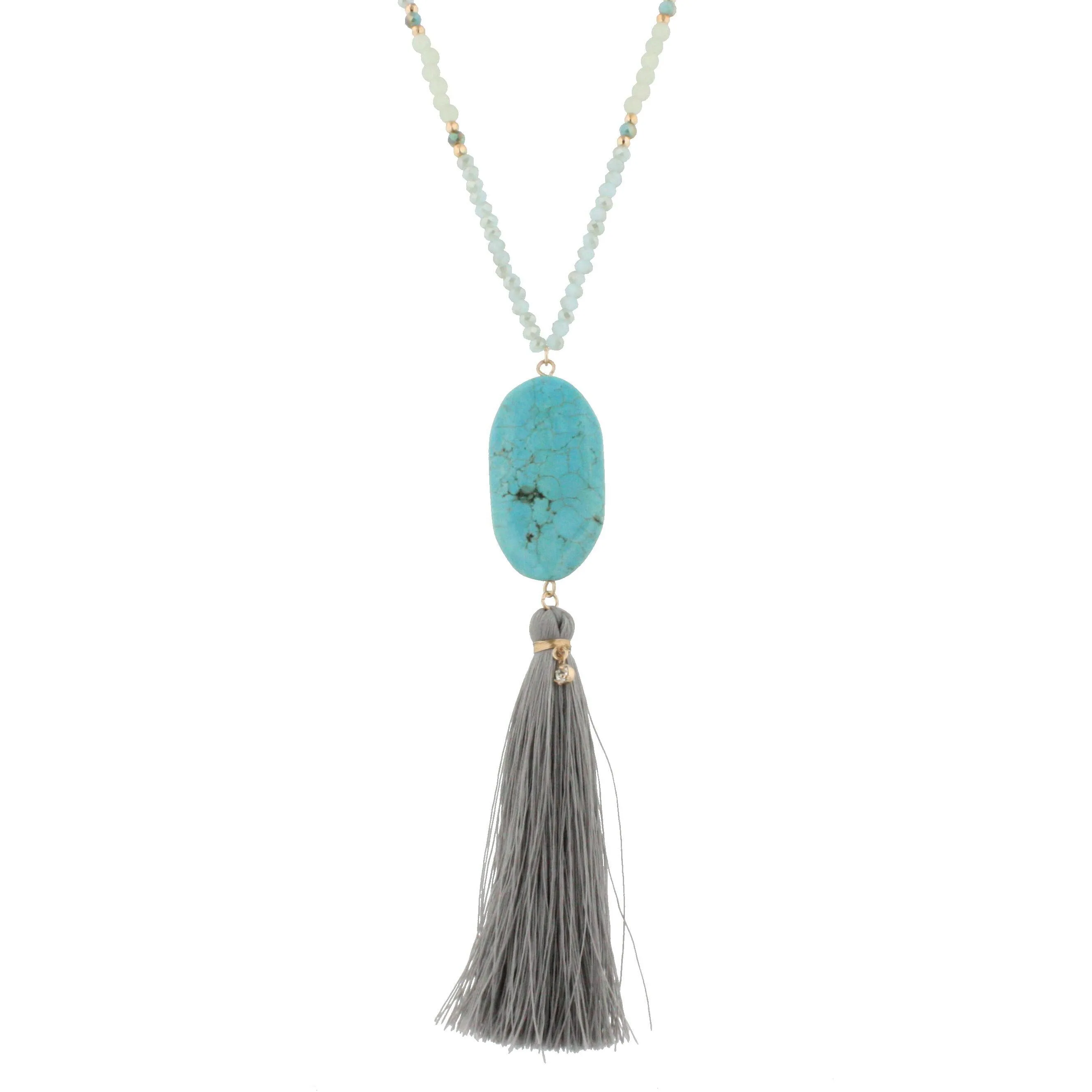 44" Half Chain Half Light Blue Beaded Necklace - Turquoise Oval Stone Pendant with Grey Tassel Drop Down sold by Charming Charlie