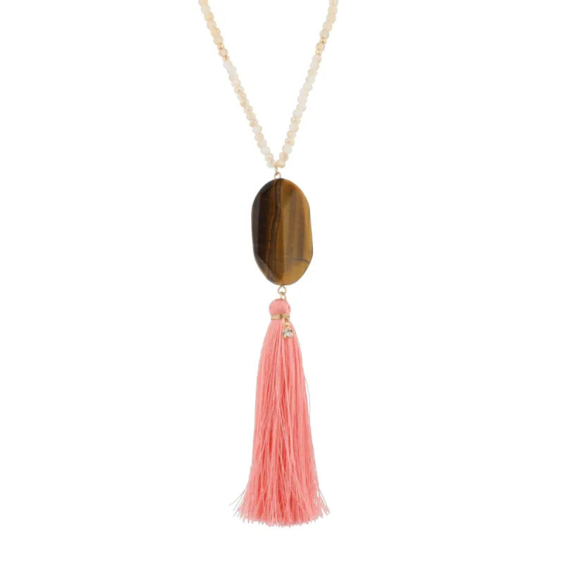44" Half Chain Half Neutral Beaded Necklace - Tigers Eye Oval Stone Pendant with Pink Tassel Drop Down sold by Charming Charlie