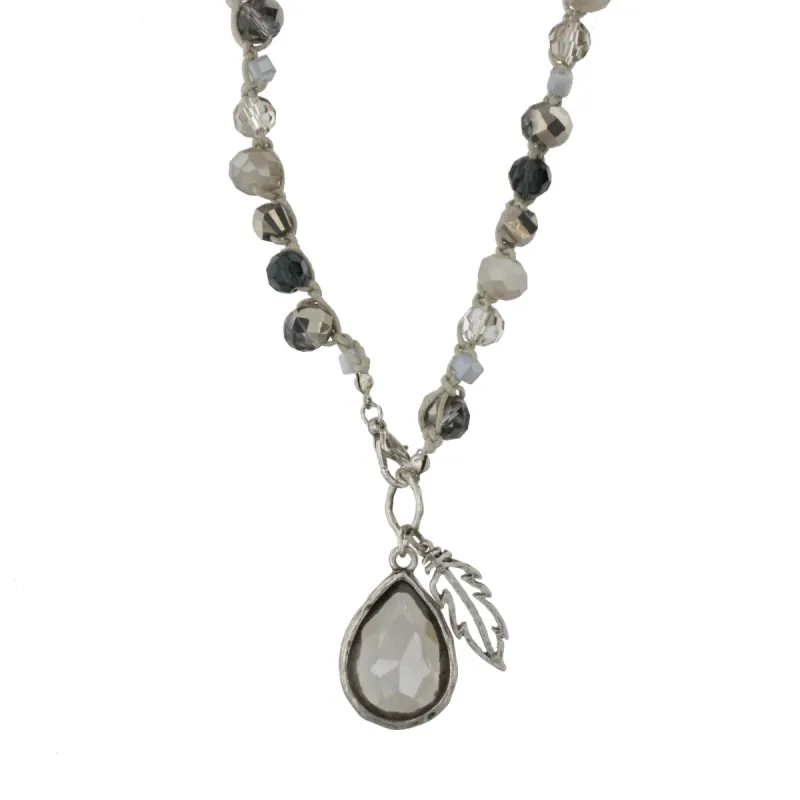 Grey and Black Diamond Glass Crochet Necklace with Feather Charm made by Charming Charlie