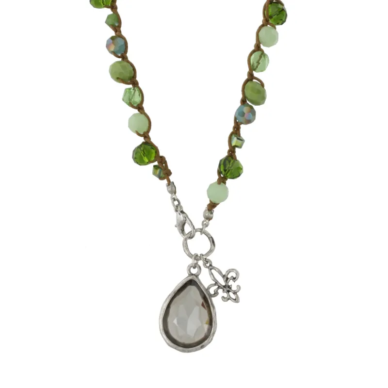 Green Tonal Glass Crochet Necklace with Fleur De Lis Charm made by Charming Charlie