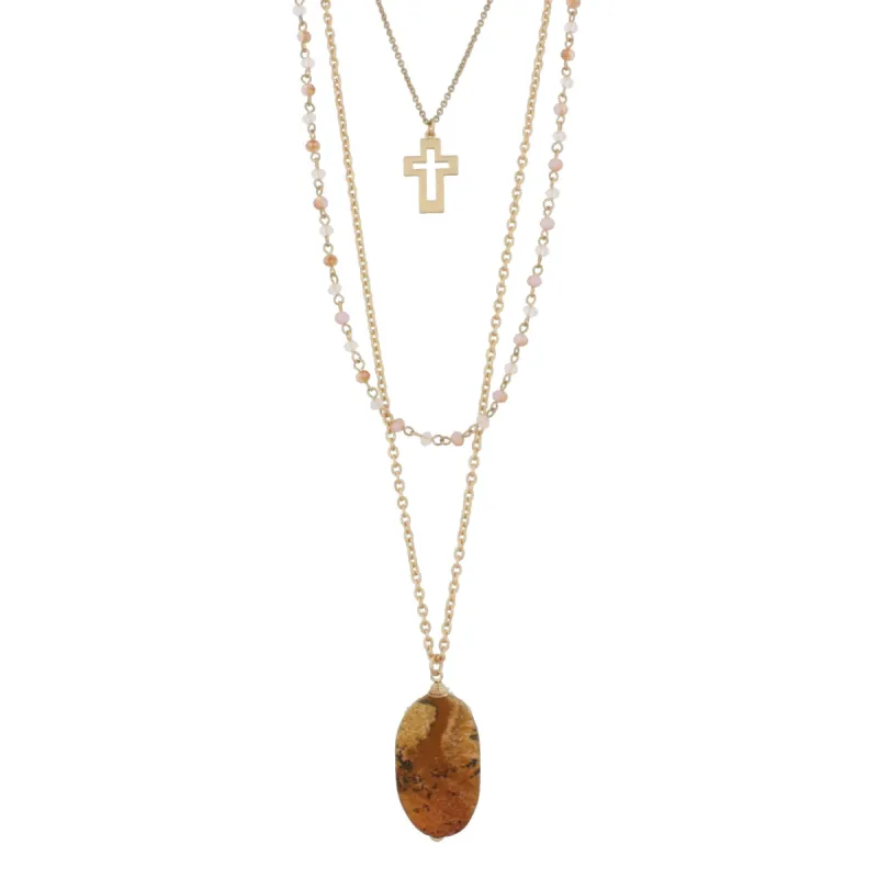 30" 3 Layer Necklace with Peach Link And Picture Jasper Stone, 3" Ext. sold by Charming Charlie