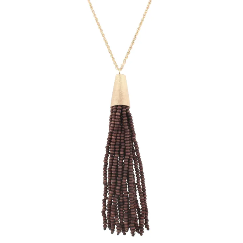 30" Antique Gold Necklace with Gold Cap and Brown Beaded Tassel, 3" Ext. sold by Charming Charlie