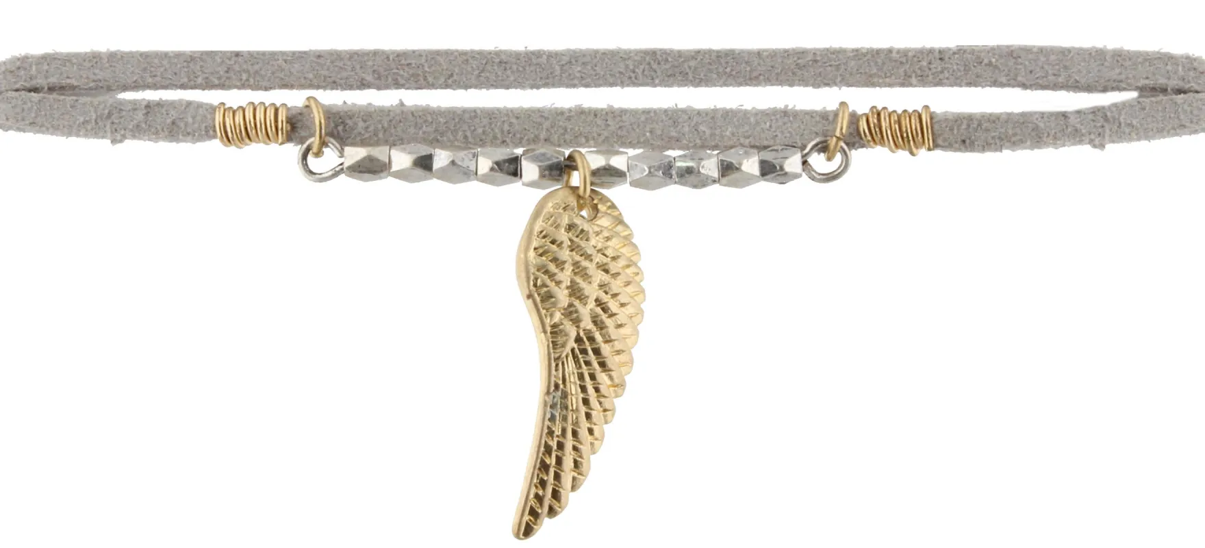 40" Grey Leather Corded Wrap Choker with Silver Beaded Bar and Gold Feather sold by Charming Charlie