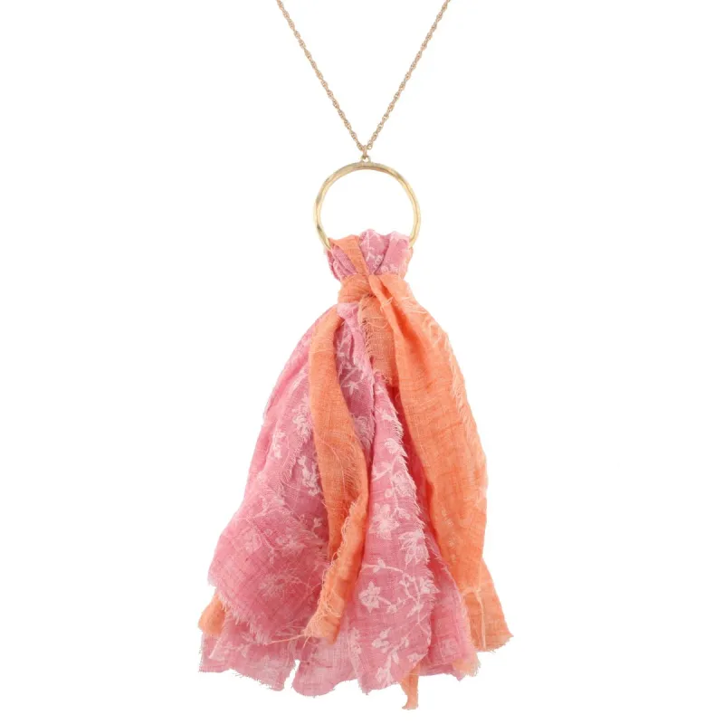 32" Antique Gold Chain, Gold Ring with Blush Print and Peach Linen Tassel, 3" Ext. sold by Charming Charlie