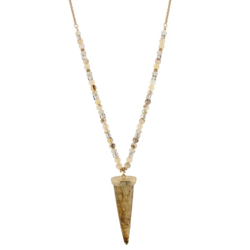 30" Natural Coordinating Mixed Beads, Antique Gold Chain with Brown Tusk, 3" EXT. sold by Charming Charlie