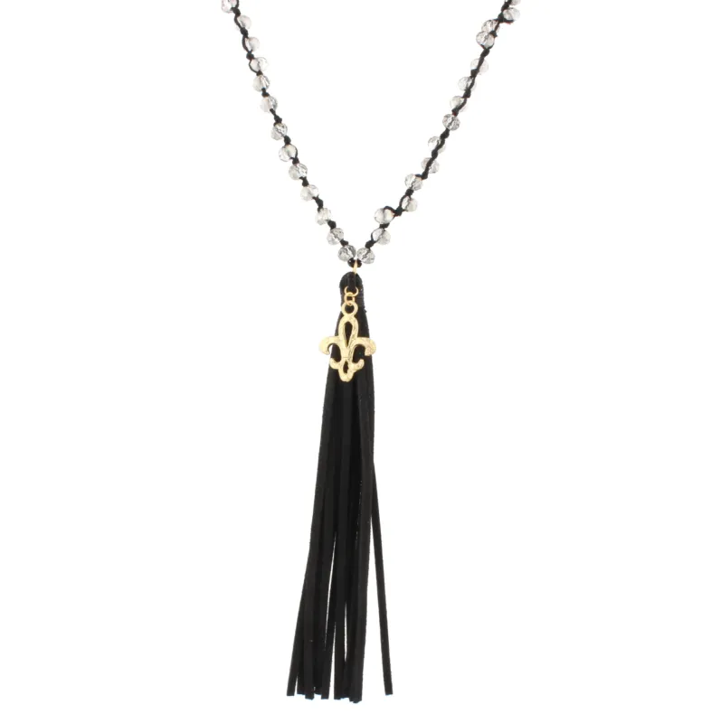 36" Hand Knotted Black Diamond Beaded Necklace with Black Leather Tassel and Gold Fleur De Lis sold by Charming Charlie