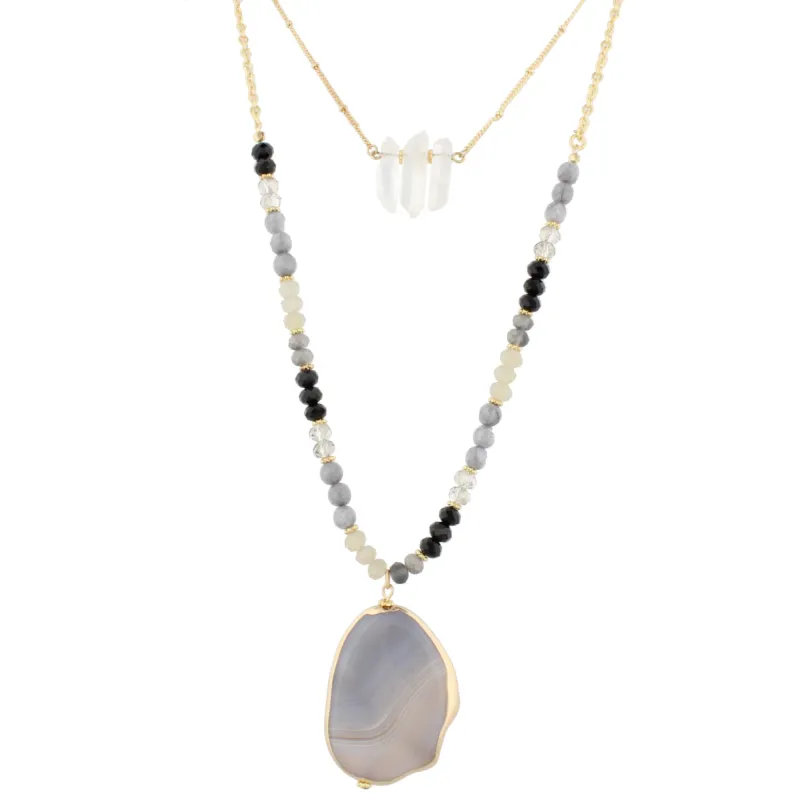 32" Layered Gold Necklaces with Faceted Black and Grey Beads with Grey Agate Pendant, 3" Ext. sold by Charming Charlie