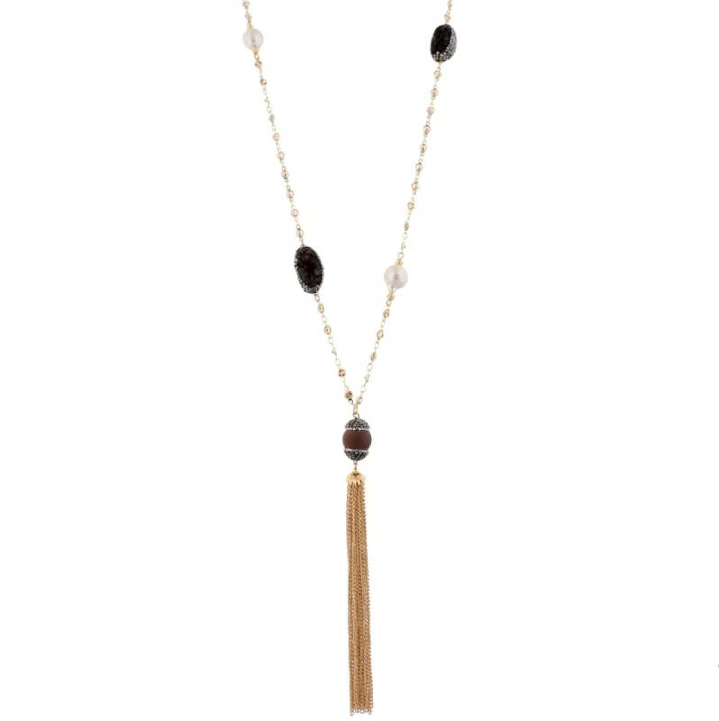 32" Clear Bead and Gold Link Necklace with Brown Agate Bead and Gold Tassel, 3" Ext. sold by Charming Charlie